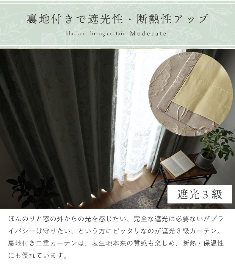 2枚入り 既製カーテン モデラート裏地付きの機能