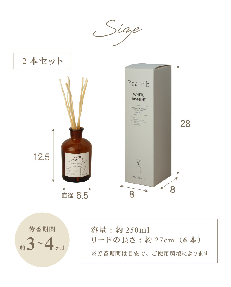 リードディフューザー2本セット ブランチのサイズ