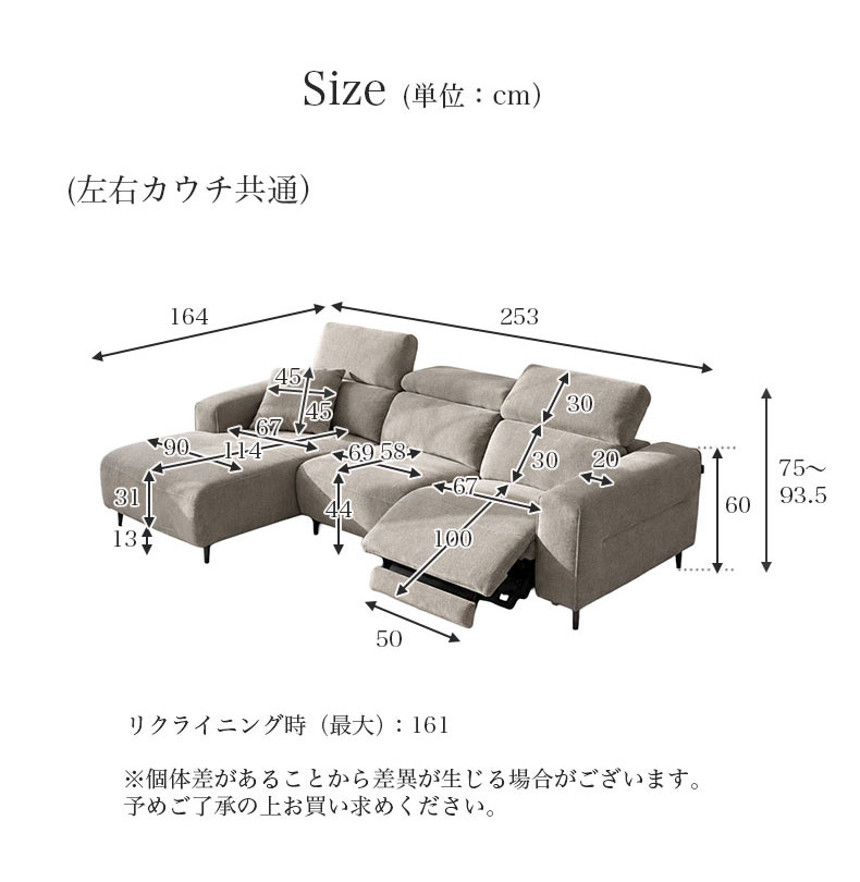 片電動カウチソファ オスカー2のサイズ