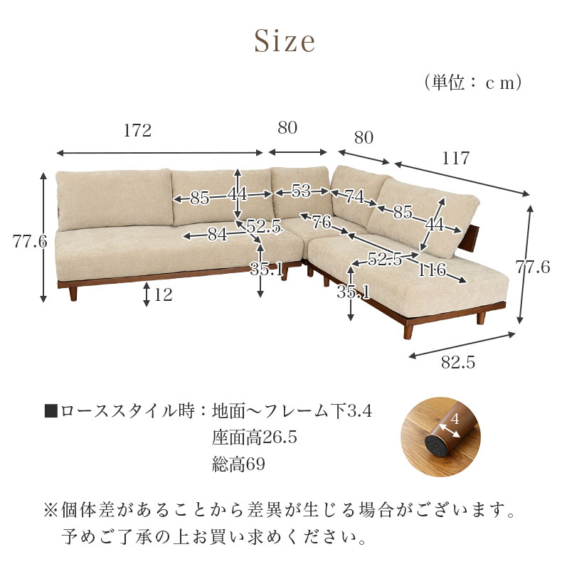 コーナーソファ3点セット バリ2のサイズ1