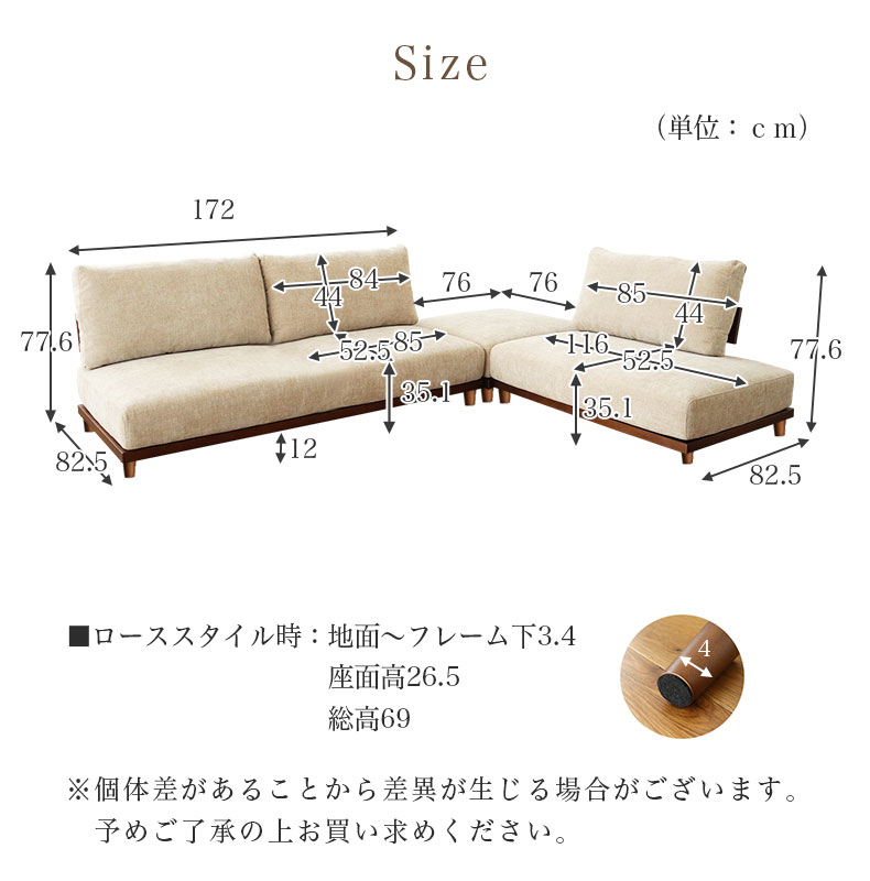 L字ソファ3点セット バリ2のサイズ1