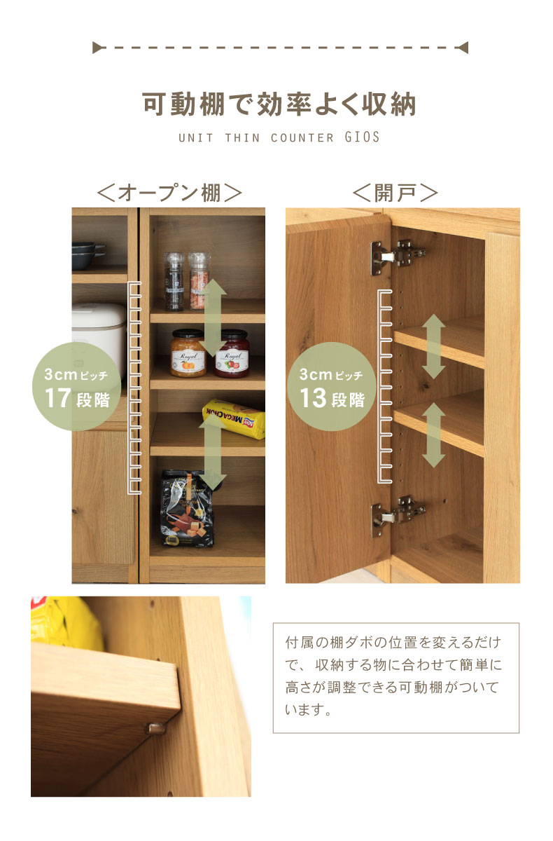 幅120cm カウンター 下台60OP棚 60開戸 ジオスの機能
