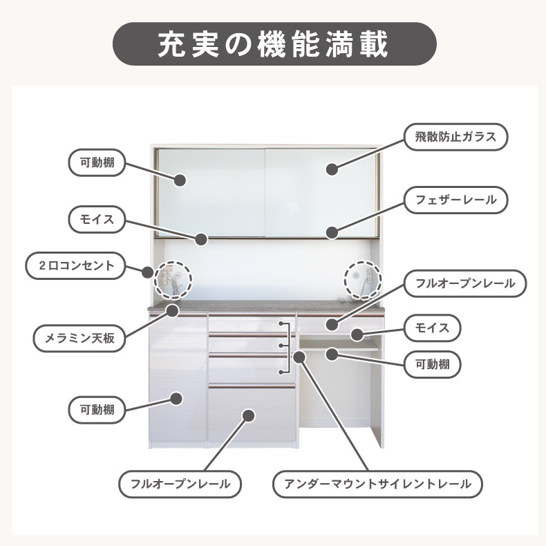 幅160cm食器棚 下台40開戸 60引出 60ダスト カカロの機能