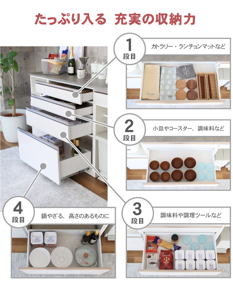 幅160cmカウンター 下台40開戸 60引出 60ダスト カカロの機能