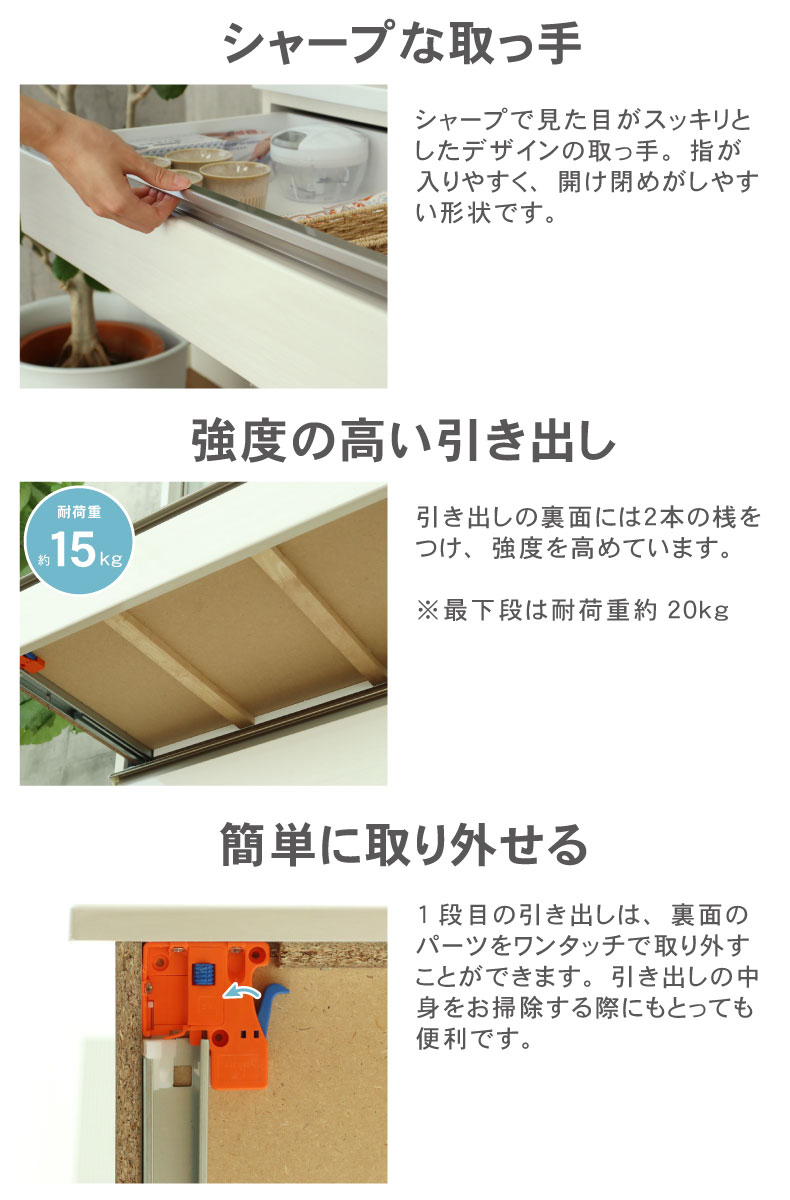 幅180cmカウンター 下台左脚パネル 60三段引出 60開戸 ネオの機能