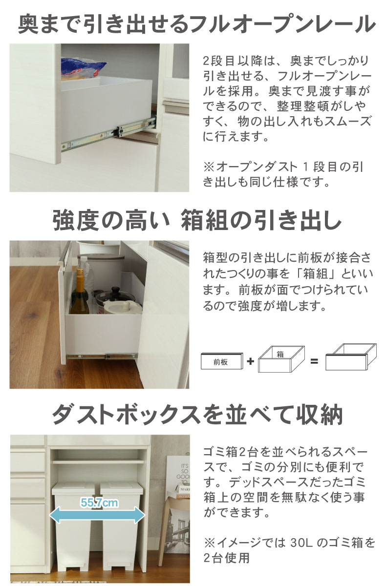 幅160cmカウンター ステンレス天板 下台40開戸 60四段引出 60ダスト ネオの機能