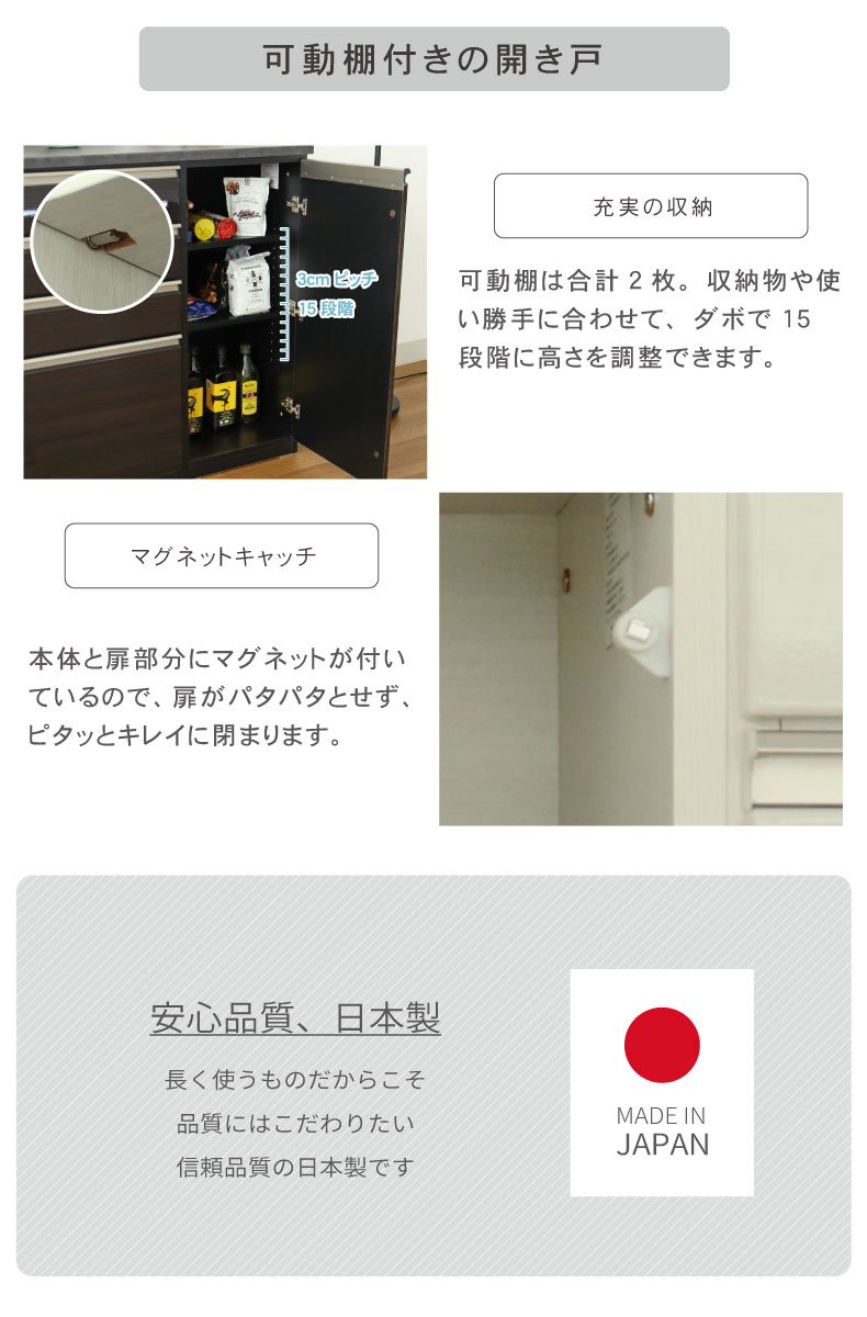 幅160cmカウンター ハイフレックス天板 下台左脚パネル 60四段引出 40開戸（右） ネオの機能