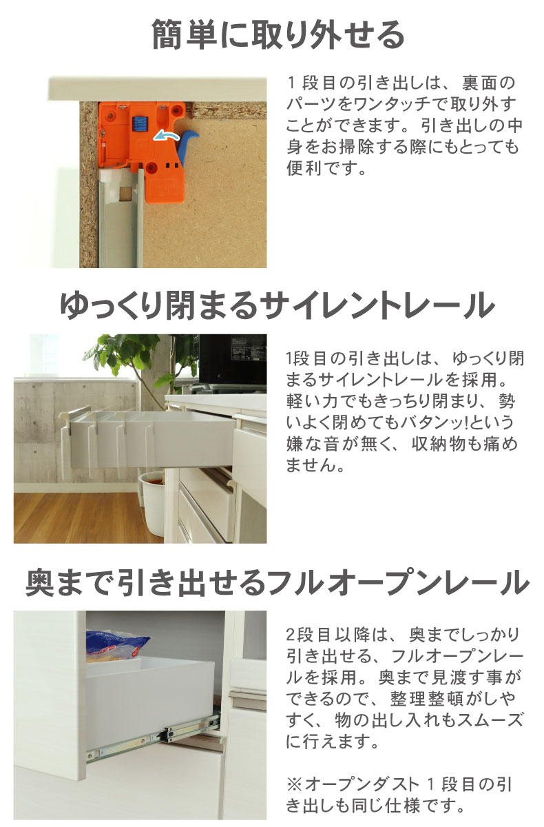 幅160cm食器棚 下台40開戸 60四段引出 60ダスト ネオの機能