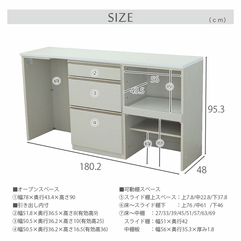幅180cmカウンター 下台左脚パネル 60三段引出 60可動オープン ネオのサイズ1