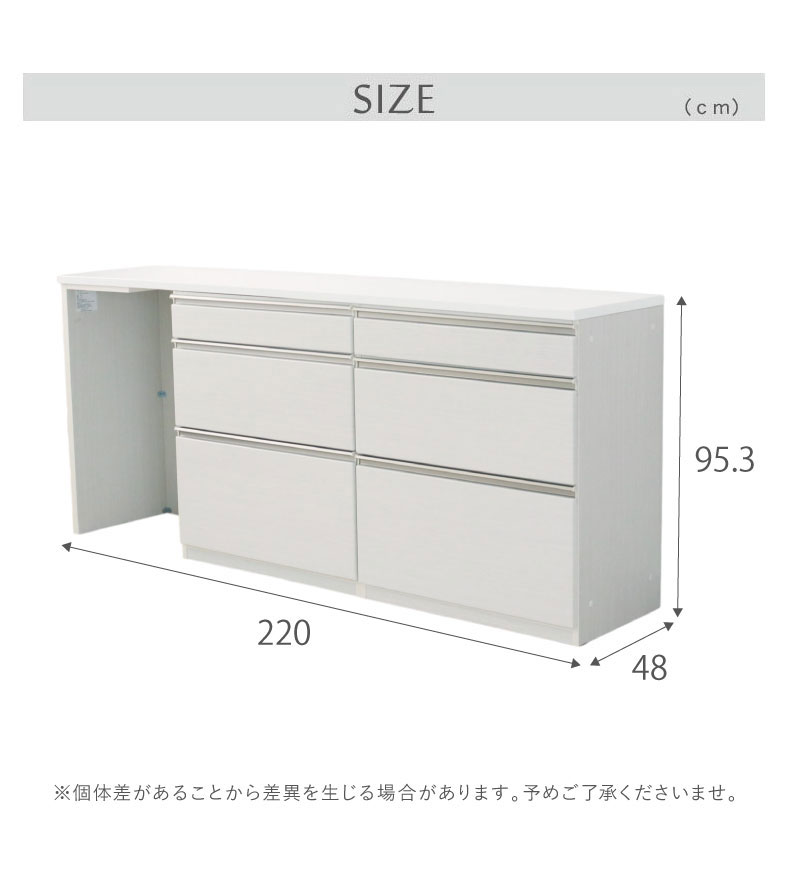 幅220cmカウンター 片パネル左 80三段引出x2 ネオのサイズ1