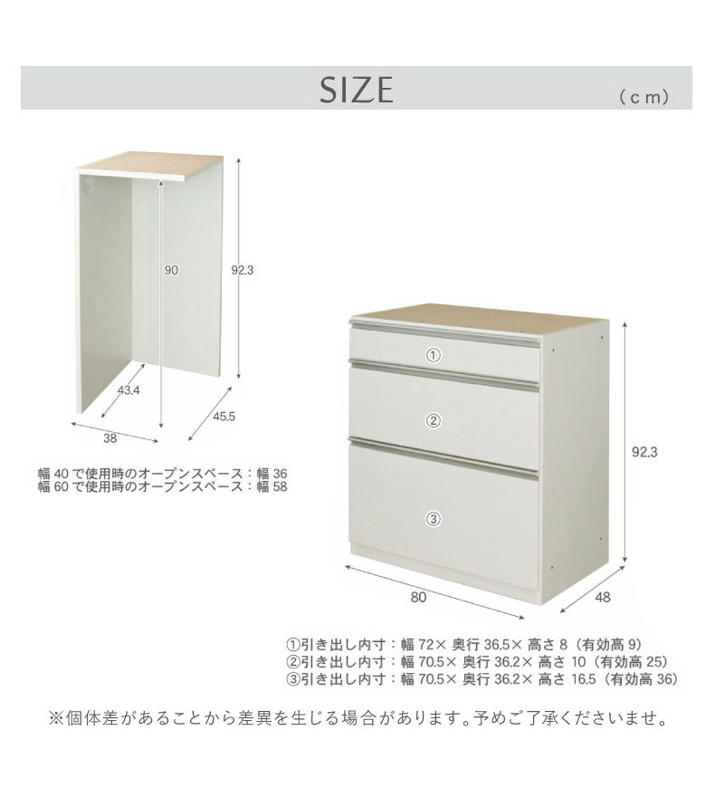 幅220cmカウンター 片パネル左 80三段引出x2 ネオのサイズ2