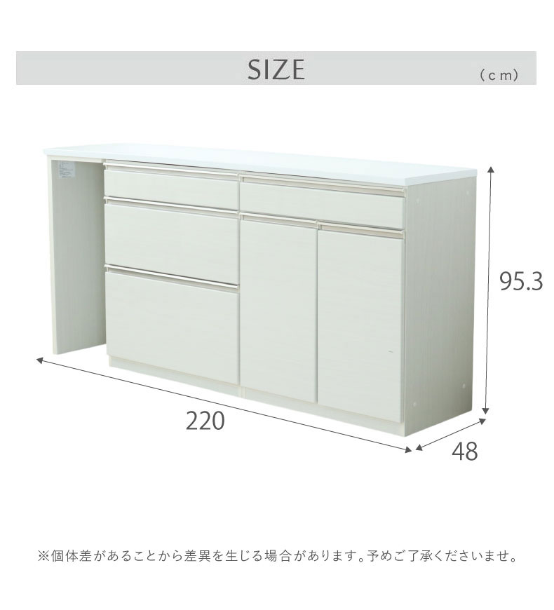 幅220cmカウンター 片パネル左 80三段引出 80開き ネオのサイズ1