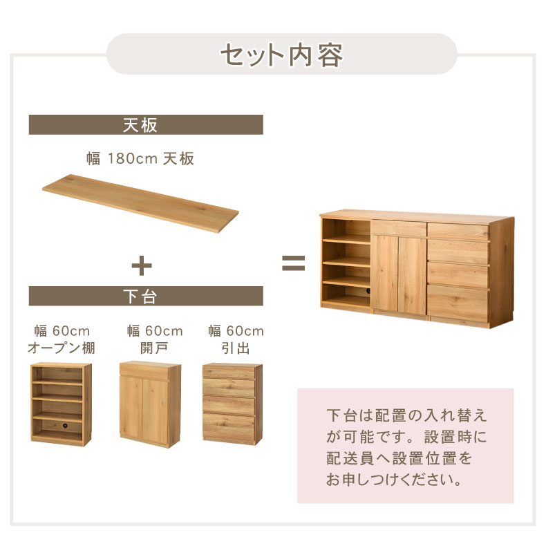 幅180cm カウンター 下台60OP棚 60開戸 60引出 ジオスの機能