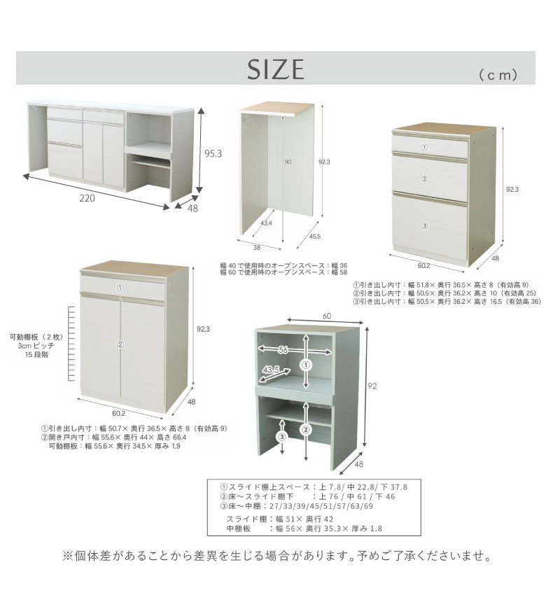 幅220cmカウンター 片パネル左 60三段引出 60開き 60可動棚 ネオのサイズ2