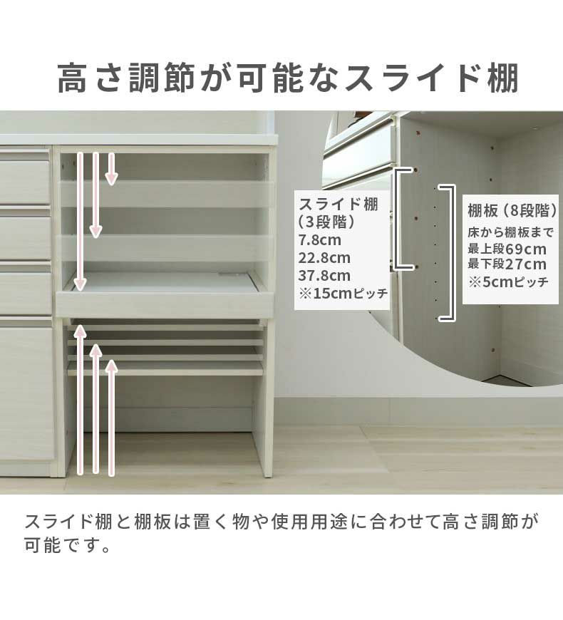 幅240cmカウンター 片パネル左 60三段引出 60開き 60可動棚 ネオの機能