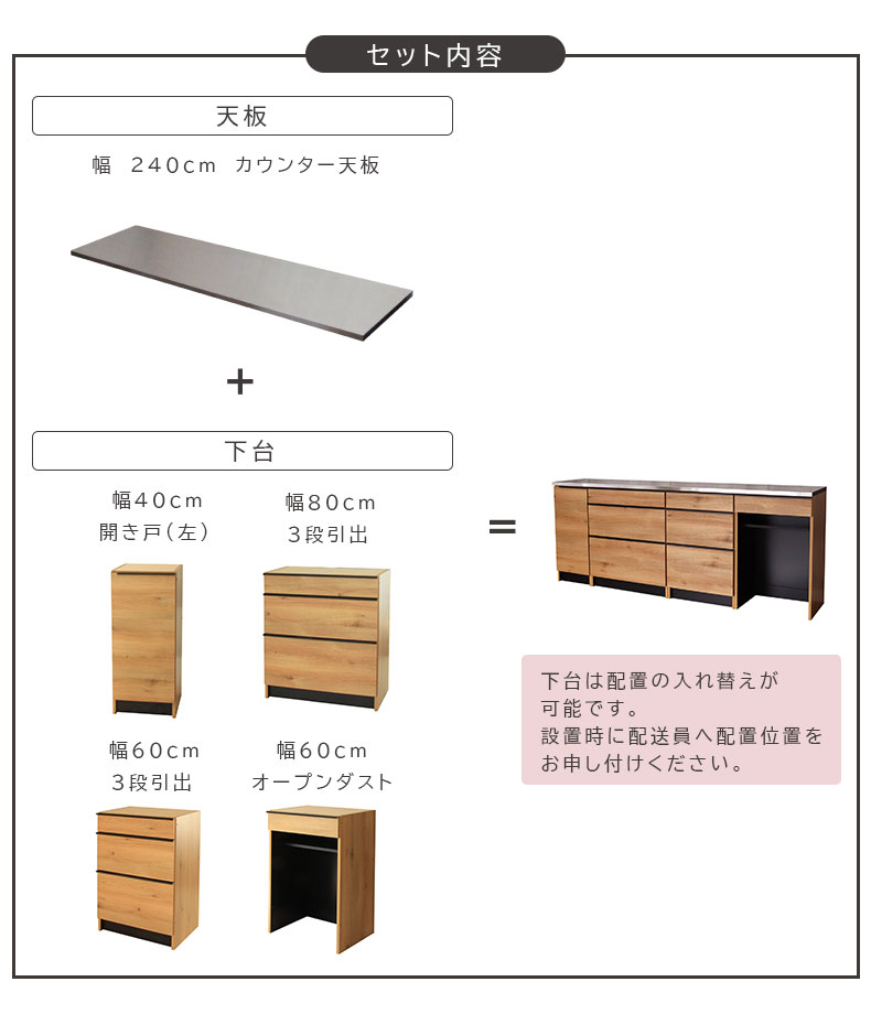 幅240cmカウンター 下台40左開 80引出 60引出 60ダスト フォーガスの機能