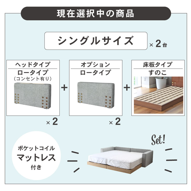 Sx2 すのこ床板&サイド有&ローヘッド(コンセント有)&マットレス付 アドリアの機能