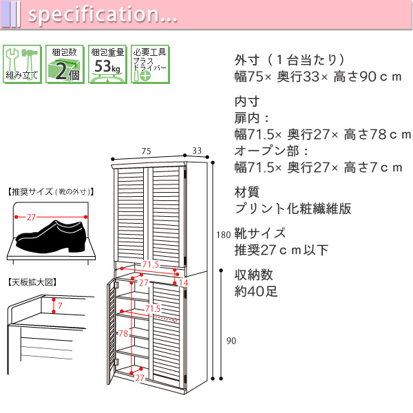 2個セット　幅75cm　ルーバーシューズボックスのサイズ1