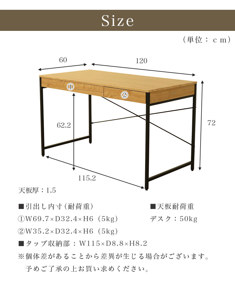 幅120cm デスク エリックのサイズ