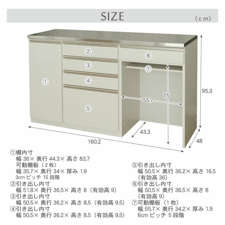 幅160cm キッチンカウンター ステンレス天板 下台40開戸 60四段引出 60