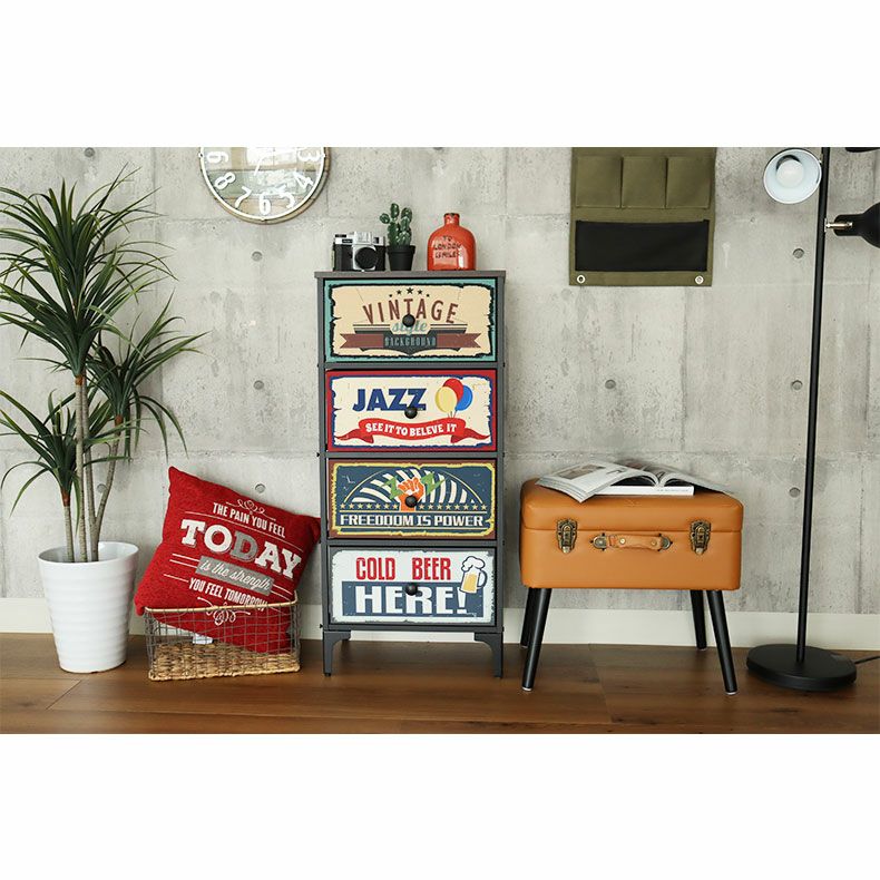 幅45cm 4段 アメリカンインダストリアル ファブリックチェスト プラスワン