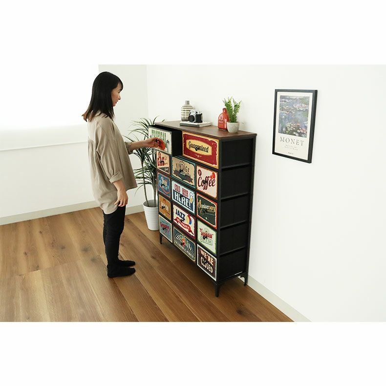 【限定出品】スチールチェスト　アメリカンヴィンテージ　5段　完成品 幅103cm 5段 アメリカンインダストリアル ファブリックチェスト プラスワン