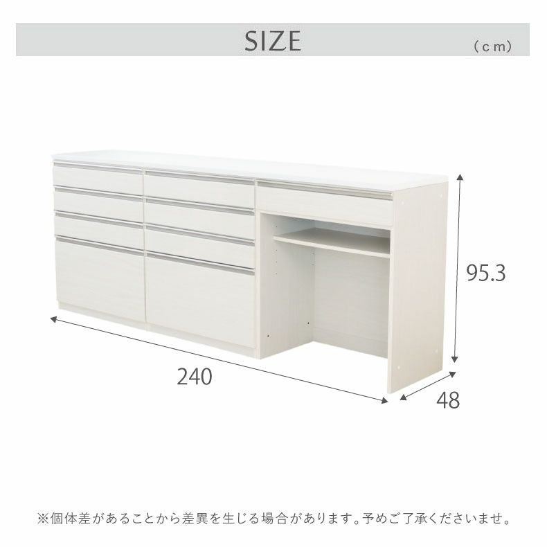 ホワイト キッチンカウンター 引き出し4つ 幅240cmカウンター 80四段引出x2 80ダスト ネオ